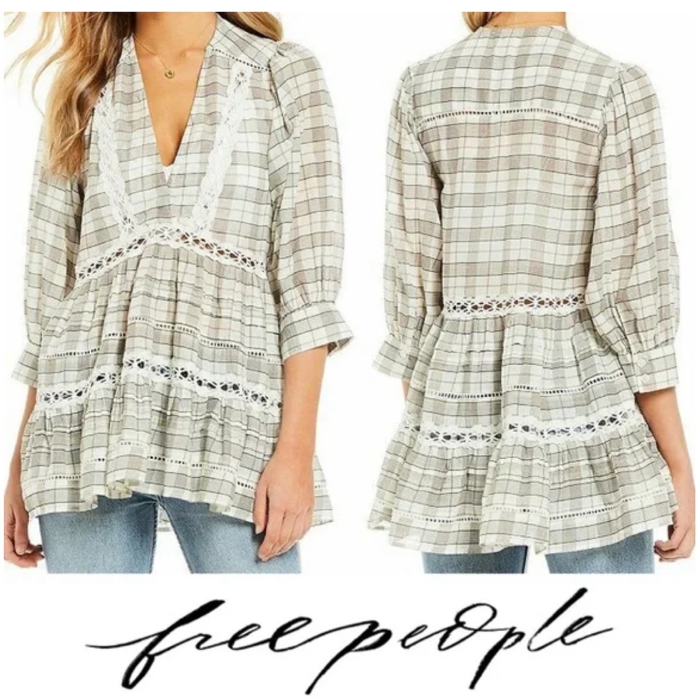 Free People Plaid V-Neck Top in Cream and Gray